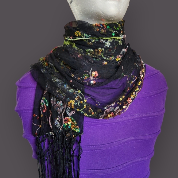 None Accessories - Womens Sequin Scarf with Multicolor Accents Black